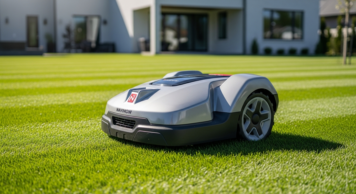Segway Navimow i105N robotic lawn mower navigating suburban yard with satellite technology