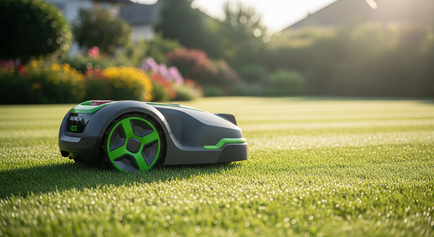 Navimow i105 robotic lawn mower with GPS technology on residential lawn