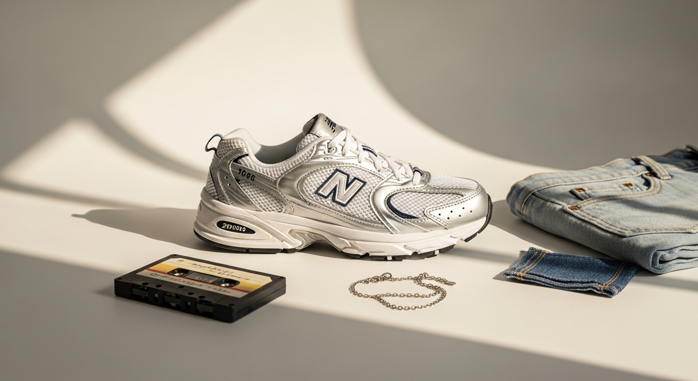 New Balance 530 retro sneaker with mesh upper and metallic overlays on white background