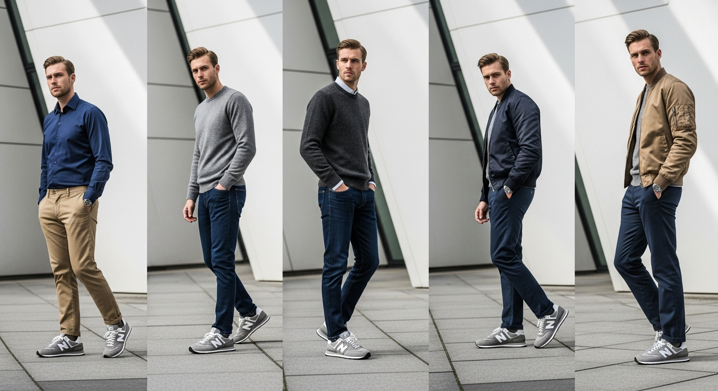New Balance 574 Classic Lifestyle Sneaker styled in casual outfit with jeans and layered clothing