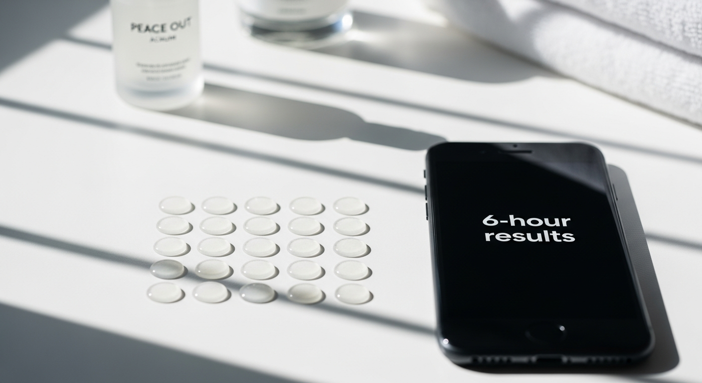 Peace Out Skincare Acne Day Dots ultra-sheer pimple patches displayed on clear skin showing invisible daytime acne treatment