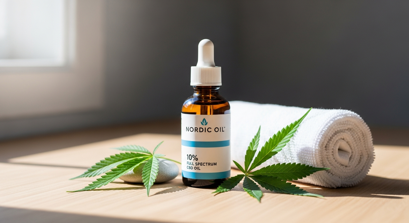 Nordic Oil CBD Öl 10% Vollspektrum Plus Flasche mit Pipette und Hanfblättern