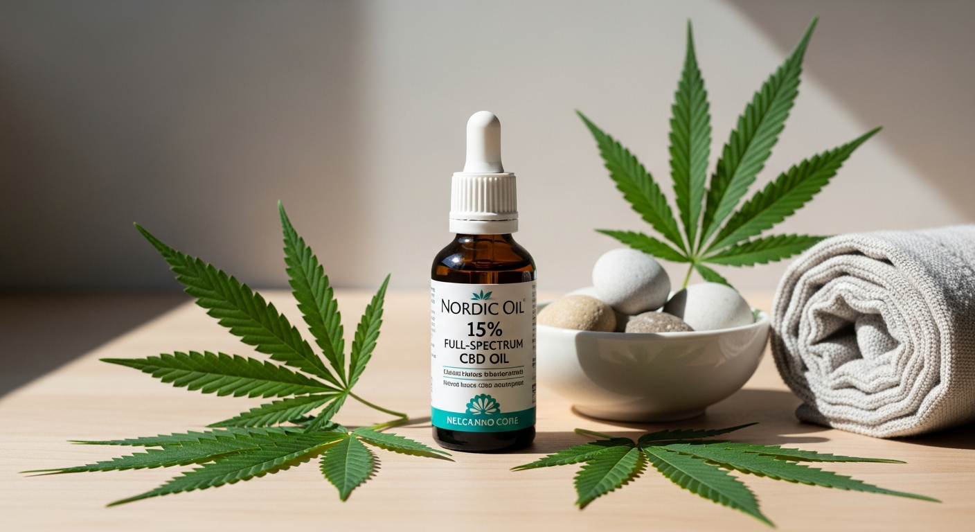 Nordic Oil 15% Full-Spectrum CBD Oil bottle with organic hemp leaves and laboratory testing equipment