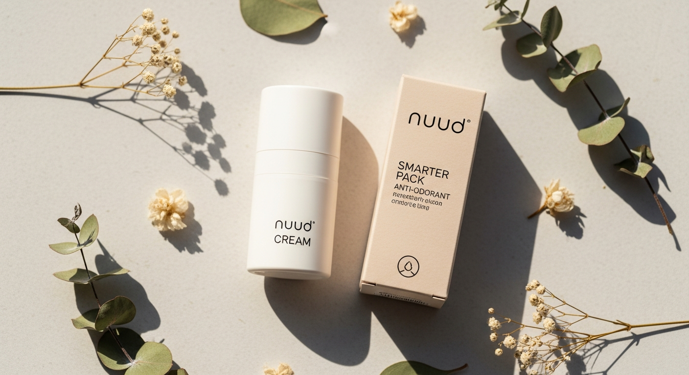 Nuud Cream Anti-Odorant Smarter Pack bioplastic tubes with sustainable cardboard packaging displayed