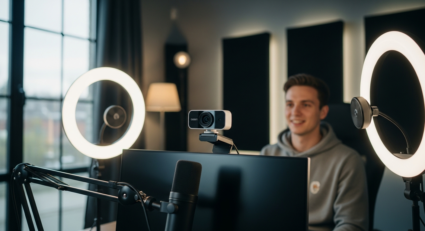 OBSBOT Tiny 2 AI-powered 4K webcam mounted on desk with mechanical gimbal and gesture control interface