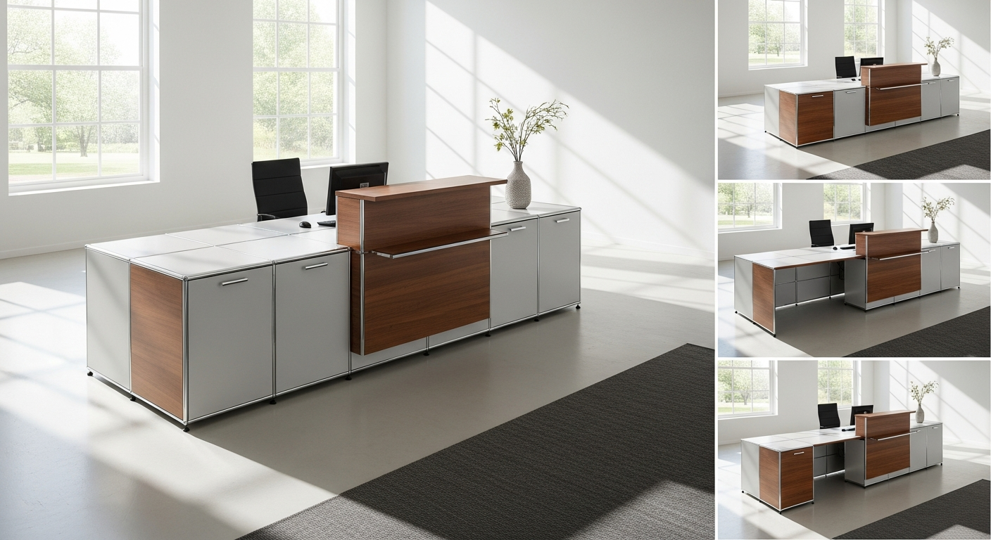 Modern modular reception desk with cherry wood finish in professional office lobby