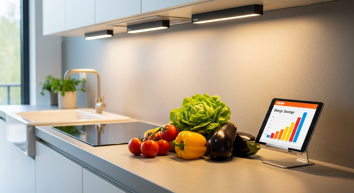 OSRAM Homelighting TubeKIT LED 600mm warm white light strip mounted in modern kitchen corridor