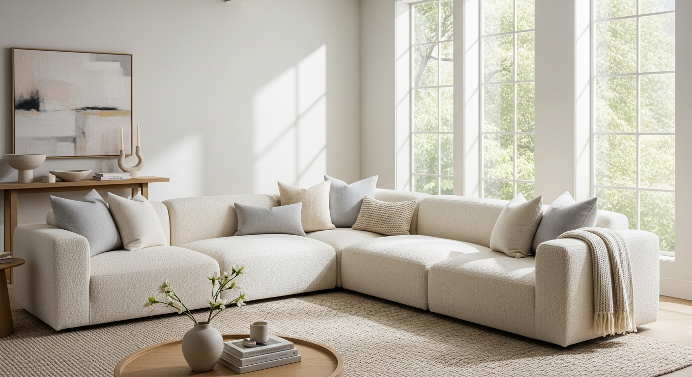 Luxury cream boucle modular sofa with curved design and black base in modern living room