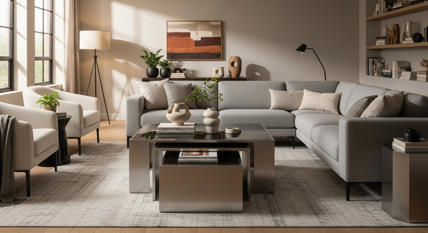 OROA Marquee Nesting Coffee Table Set with rustic gold iron top and black tapered legs in modern apartment living room