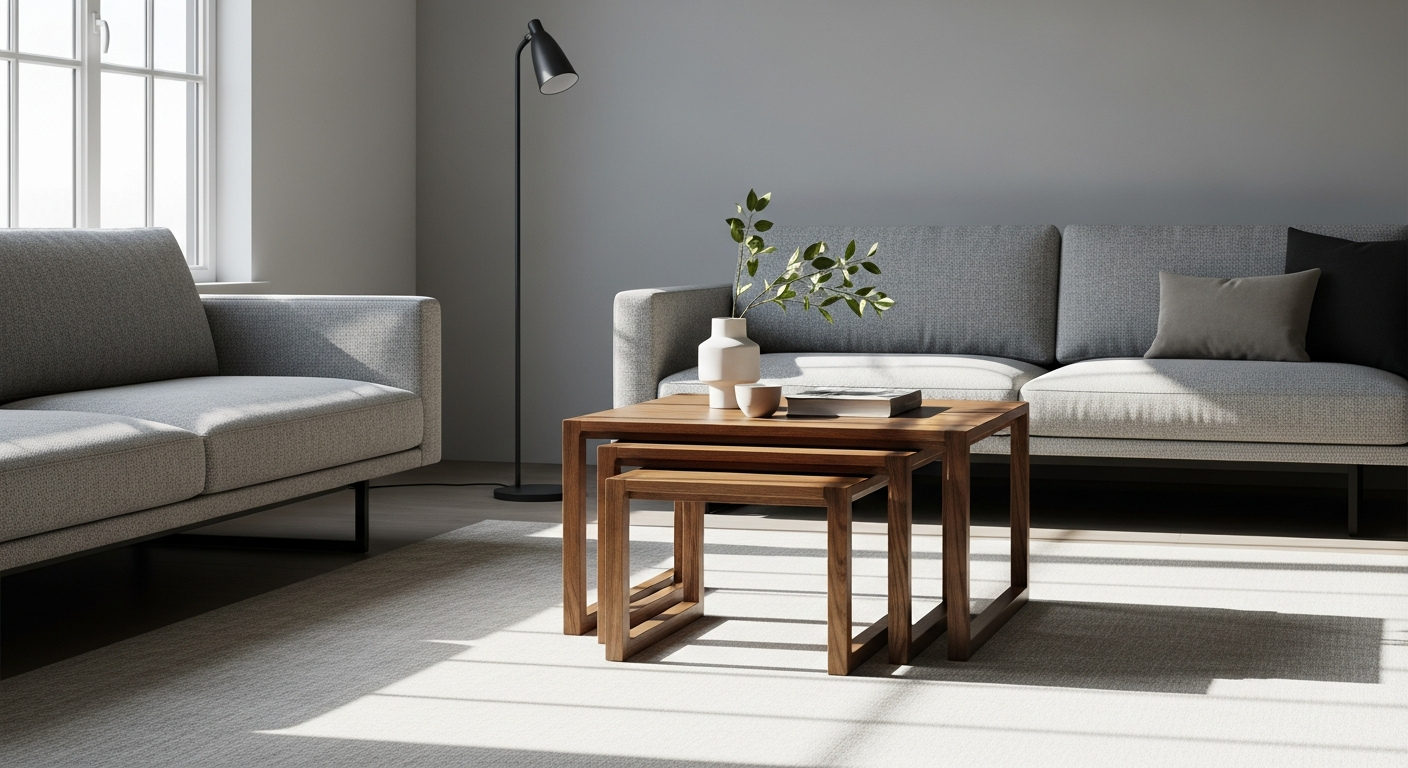 OROA Marquee Nesting Coffee Tables Set with rustic gold finish and tapered legs in modern living room