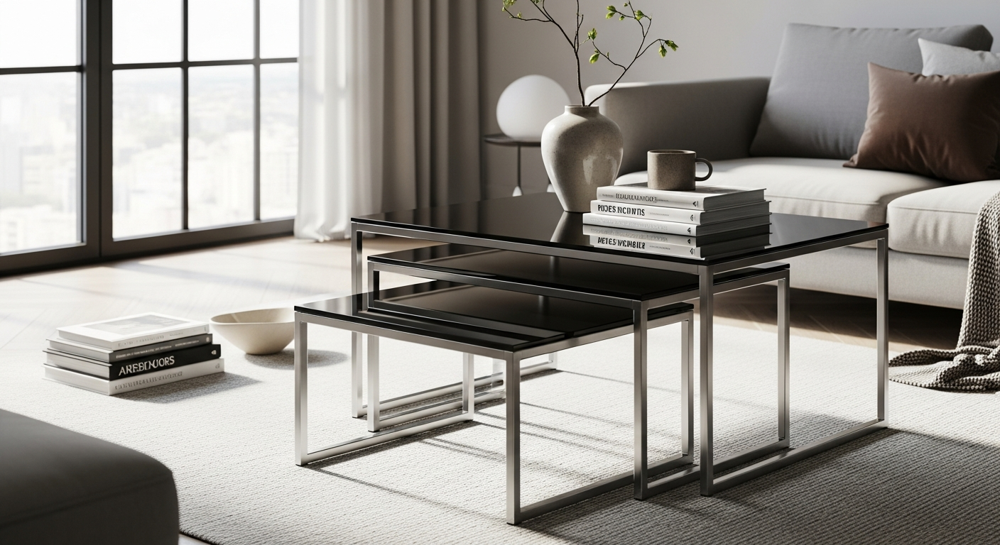 OROA Marquee Nesting Coffee Tables in antique gold finish with organic pebble-inspired design and black tapered iron legs