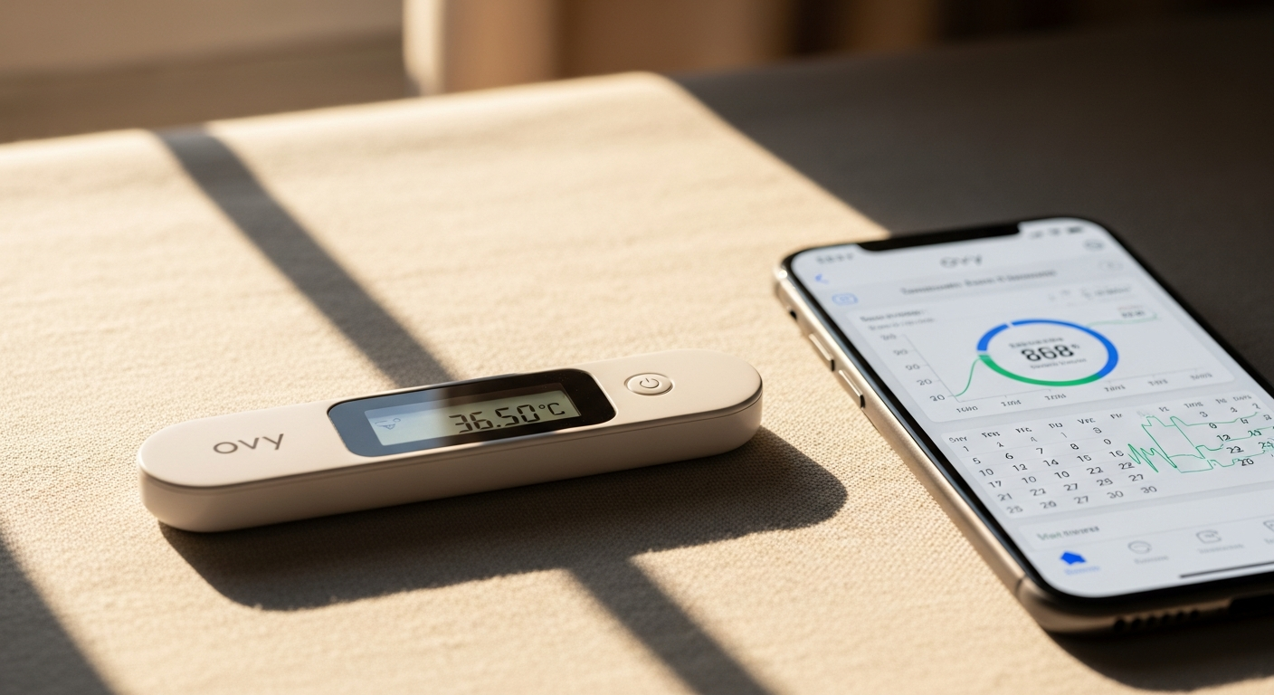 Ovy Bluetooth Basal Thermometer with illuminated LED display and USB charging cable on white background