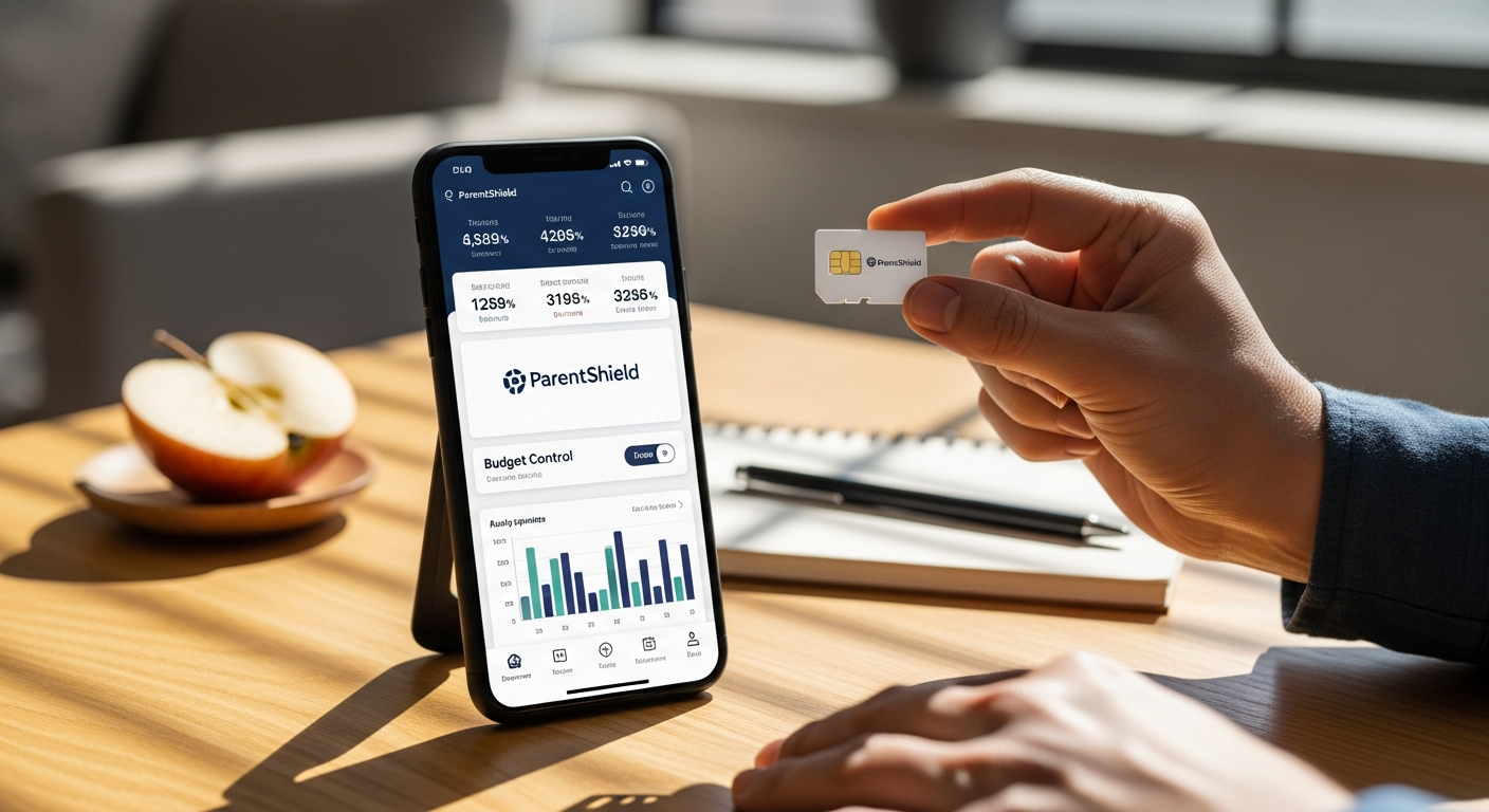 ParentShield Child-Safe Mobile Network SIM card displayed with smartphone showing parental control dashboard interface