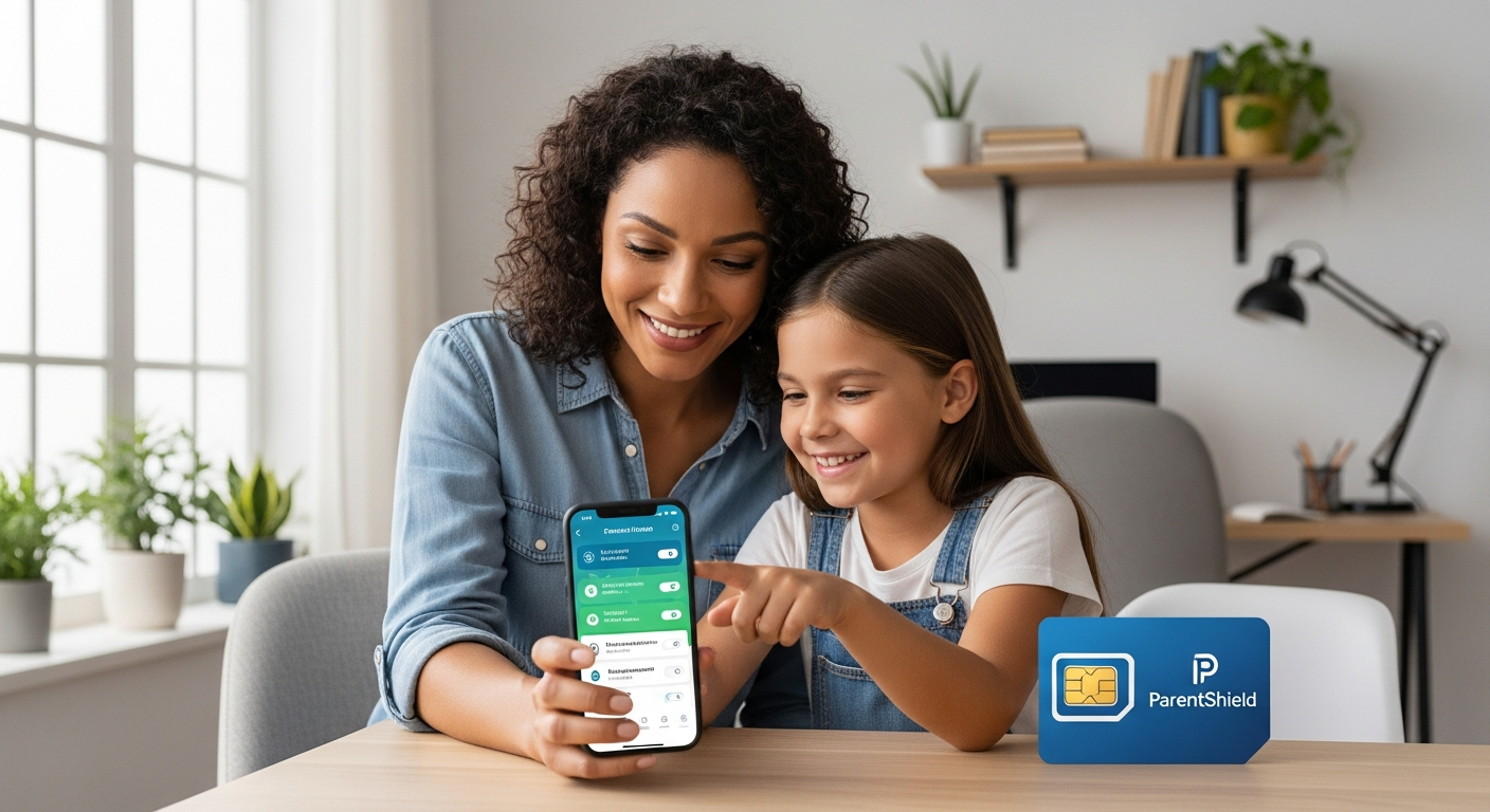 ParentShield Child-Safe Mobile SIM Card displayed with smartphone showing parental control dashboard and safety features interface