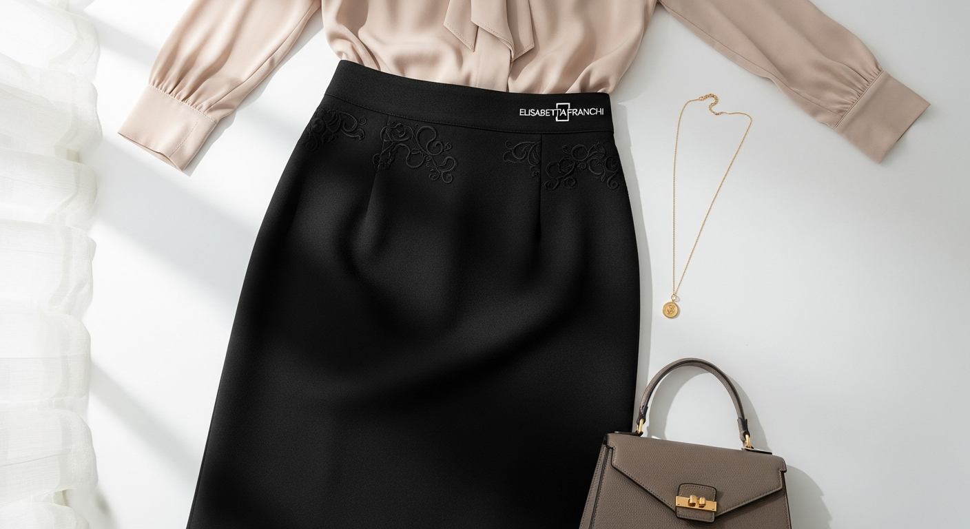 Elisabetta Franchi black logo skirt with golden metal detailing and fitted silhouette