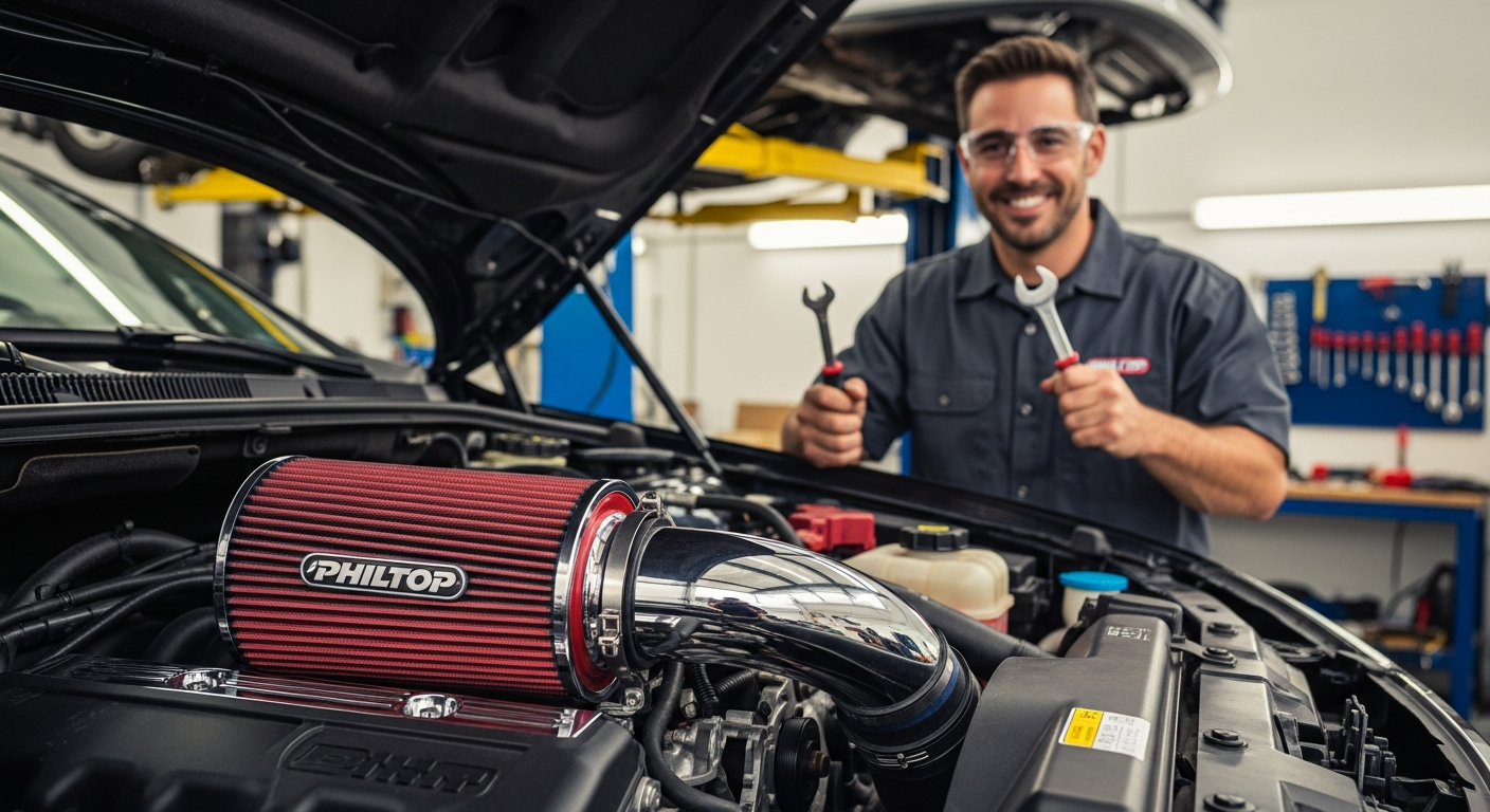 PHILTOP Universal Clamp-On High-Performance Air Filter installed on engine showing multi-layer filtration design and 6-inch inlet