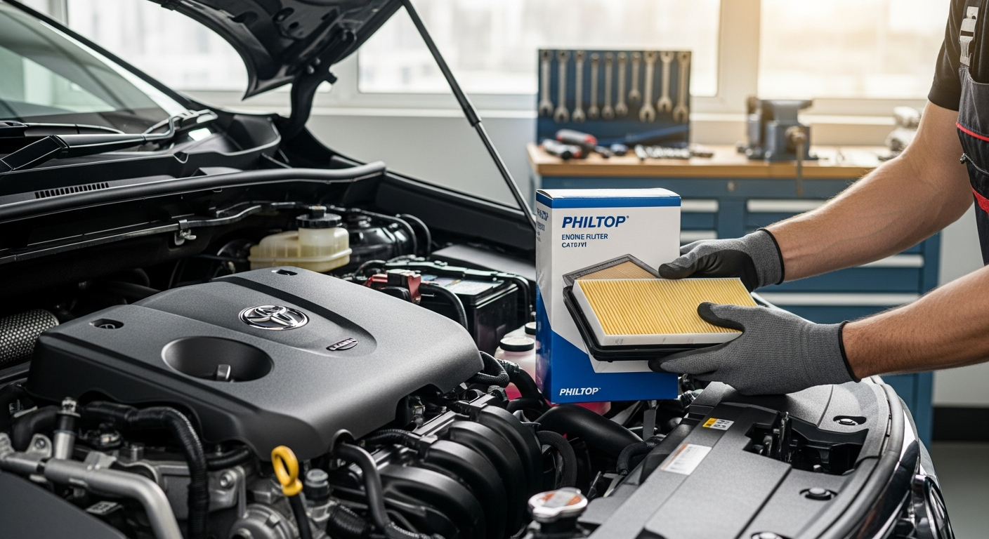 Philtop Engine Air Filter CA10741 product display showing rectangular filter design with multi-layered media construction for Toyota and Lexus vehicles