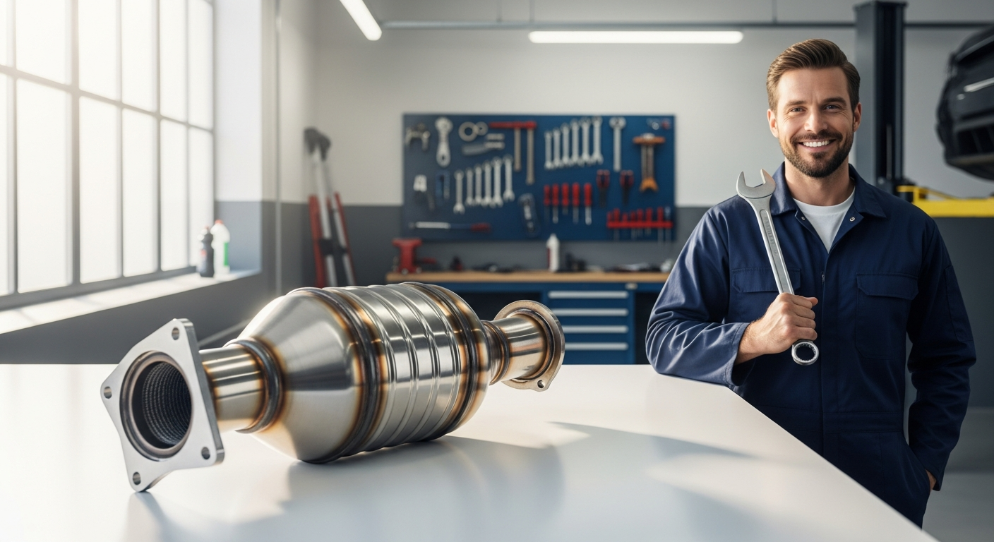 Philtop high-flow catalytic converter replacement showing stainless steel construction and direct-fit design for vehicle engines