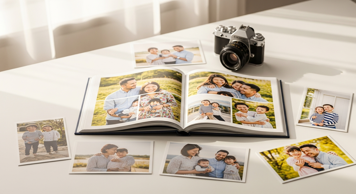 Imagewrap hardcover photobook with custom image-wrapped cover displayed on wooden surface