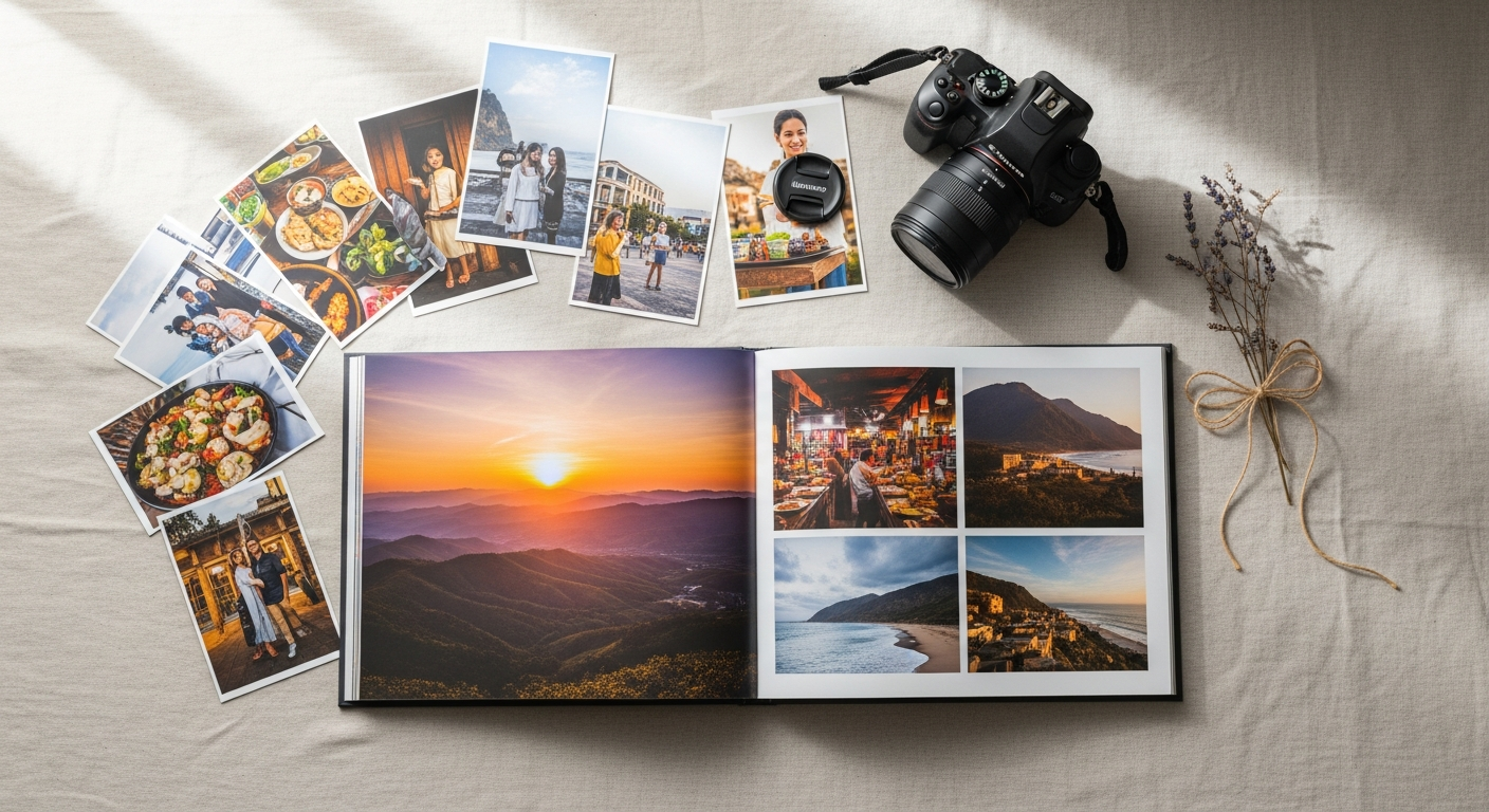 Custom imagewrap hardcover photo book with full wraparound cover design displayed on white surface