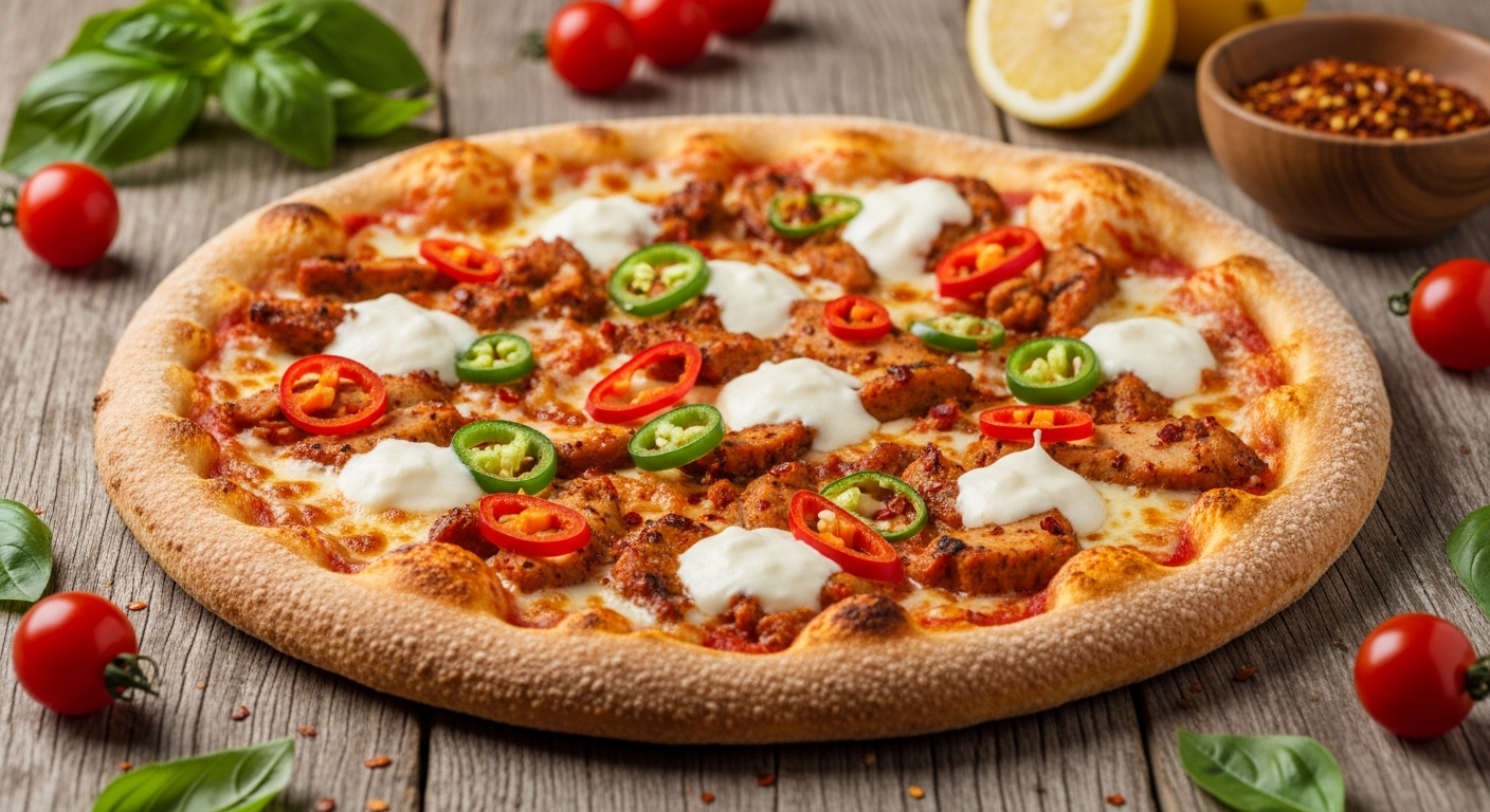 Pizza Max Chicken Feast spicy pizza with four chicken varieties, fresh vegetables, and melted mozzarella cheese