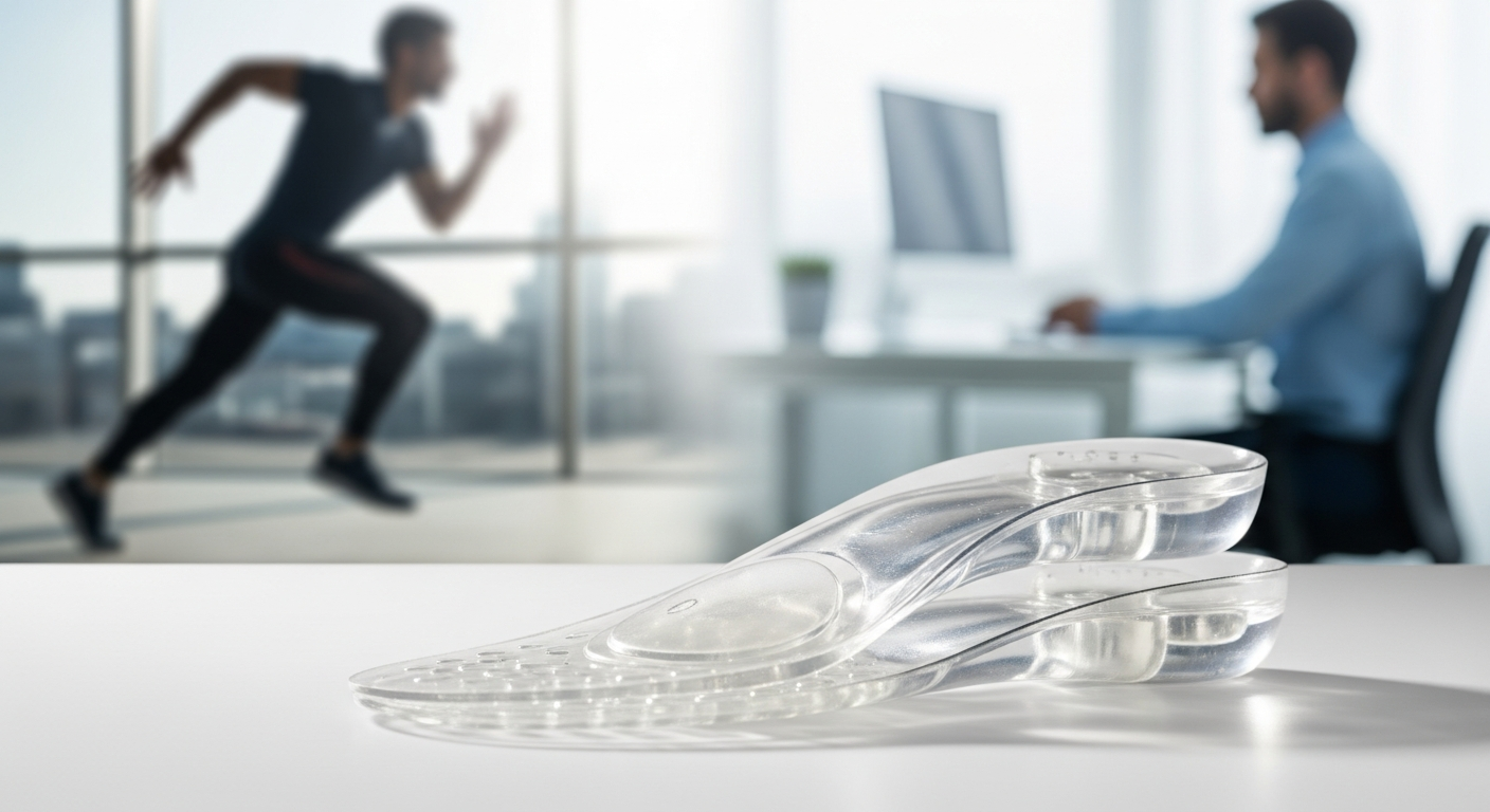 Hielspoor gel insoles for heel pain relief displayed with product packaging and sizing guide