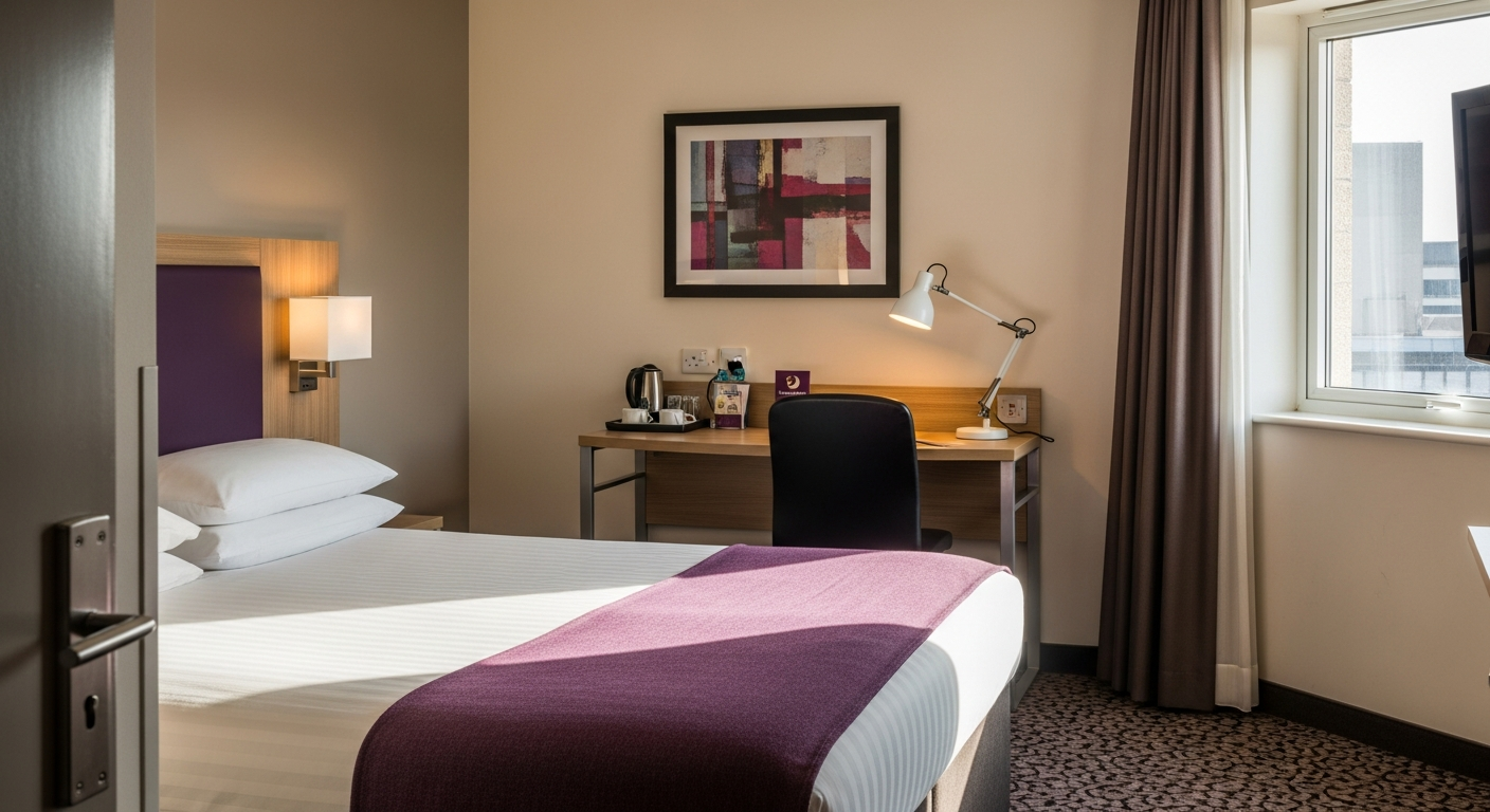 Premier Inn Standard Hotel Room with comfortable bed, desk area, and modern bathroom fixtures