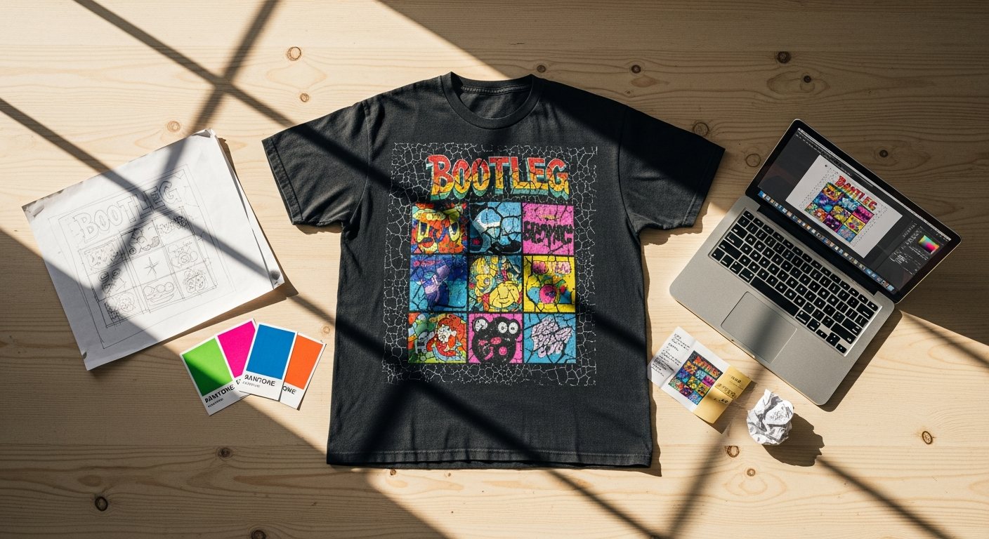 Custom bootleg 90s vintage t-shirt with retro graphic design displayed on model
