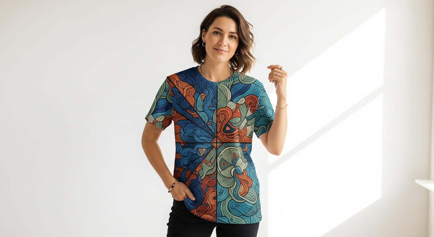 Person wearing custom graphic t-shirt showcasing unique artistic design and personal style expression