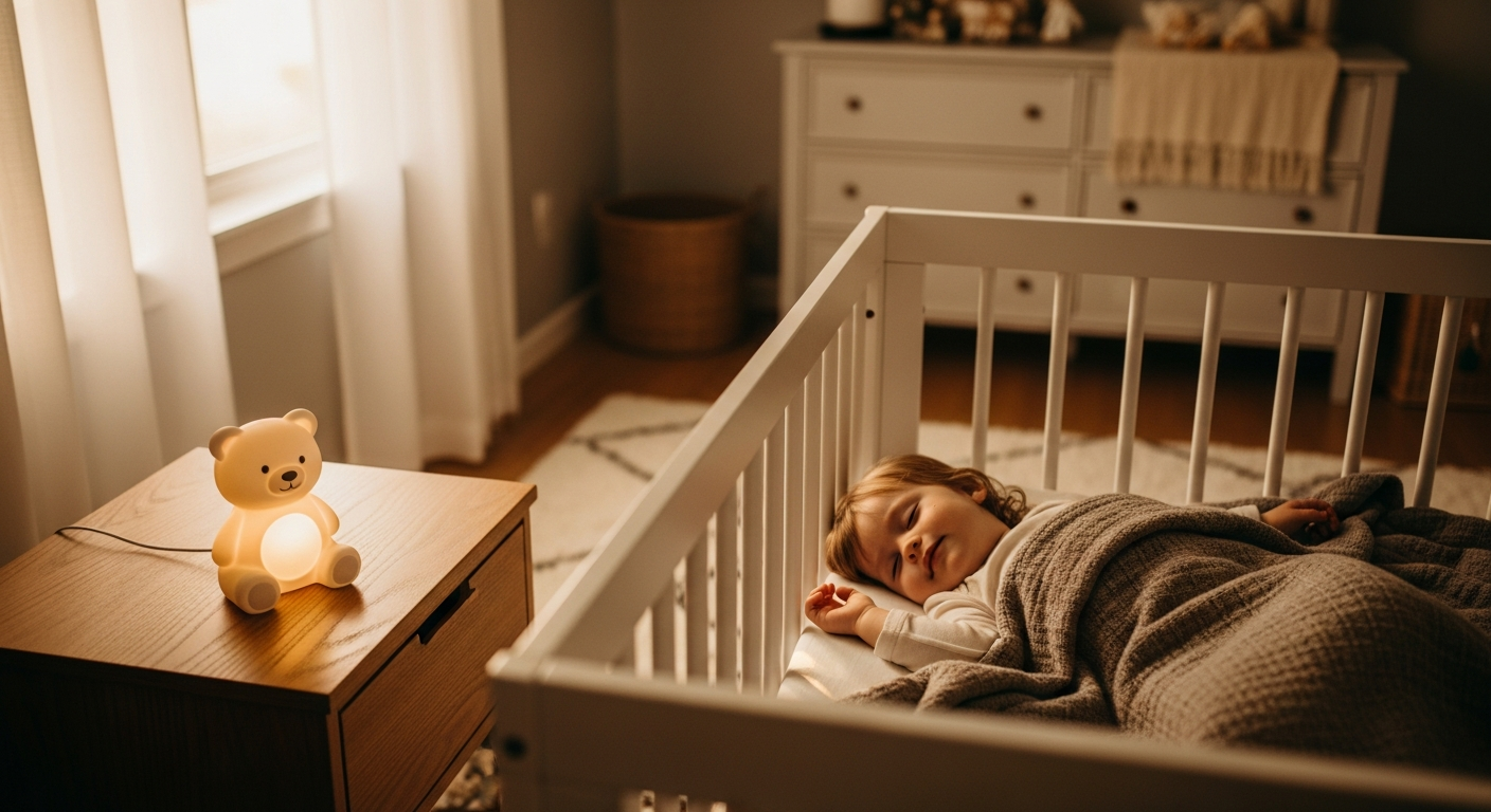 Moonie Humming Bear Baby Soother with soft plush design and ambient lighting features for infant sleep