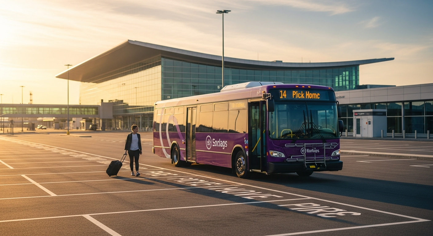 Purple Parking airport park and ride shuttle bus transferring passengers at UK airport terminal