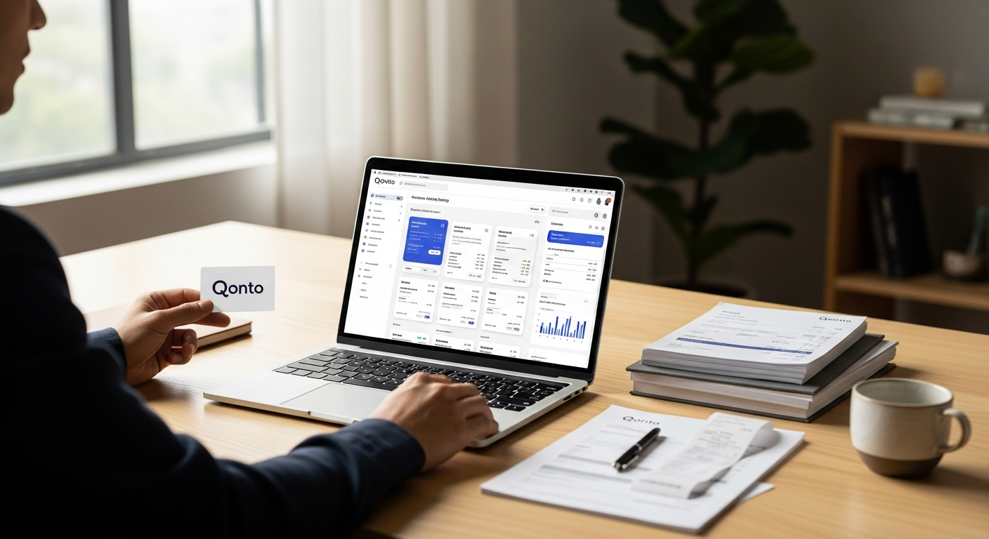 Qonto Smart Business Account dashboard showing invoicing, expense tracking, and payment management features for freelancers