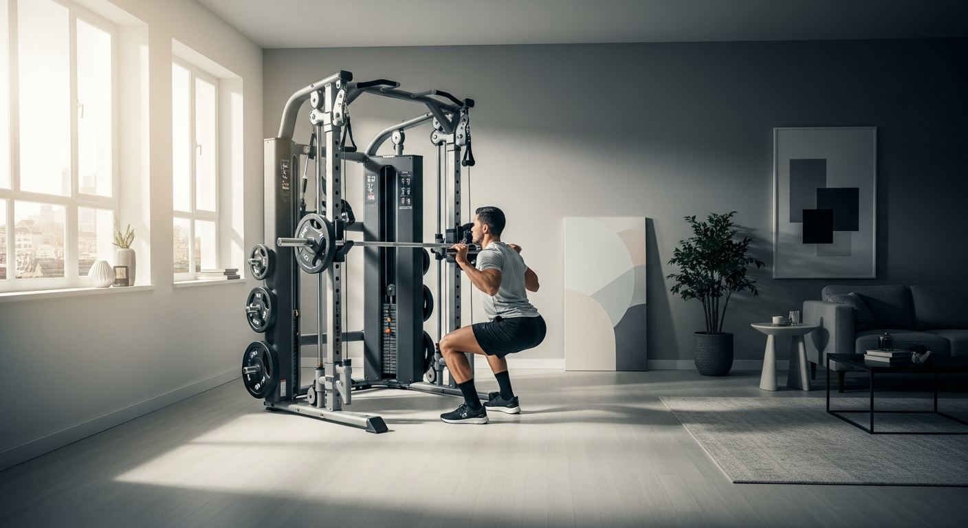 RitFit M1 Multi-Functional Smith Machine in compact apartment home gym setup
