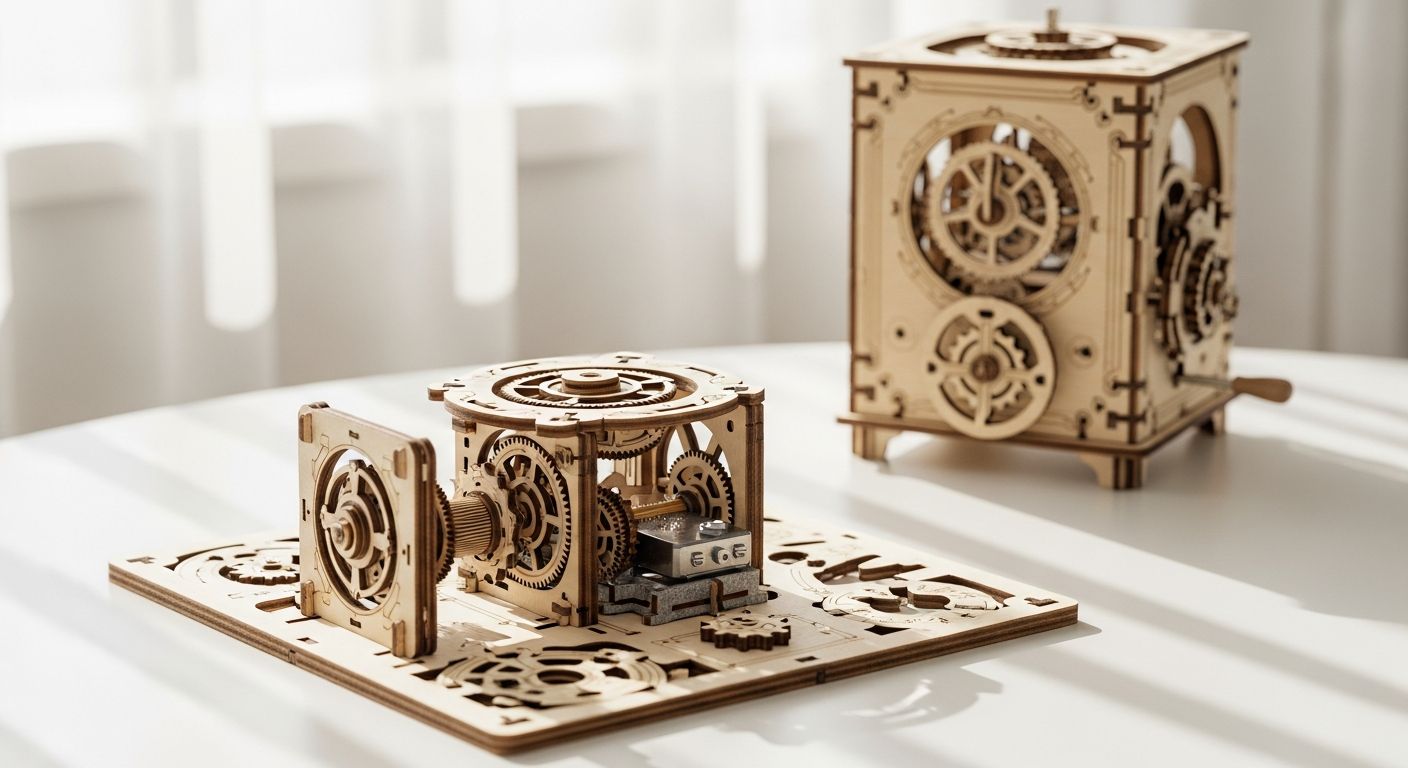 ROKR Dream Gift Factory Music Box Kit wooden puzzle with glowing lights and moving gears displayed on shelf
