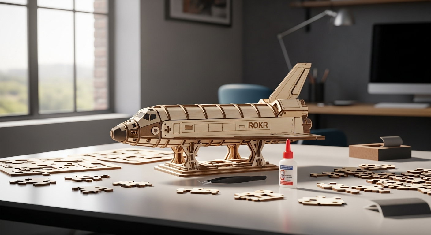 ROKR Space Shuttle 3D wooden puzzle model kit with laser-cut pieces and mechanical features