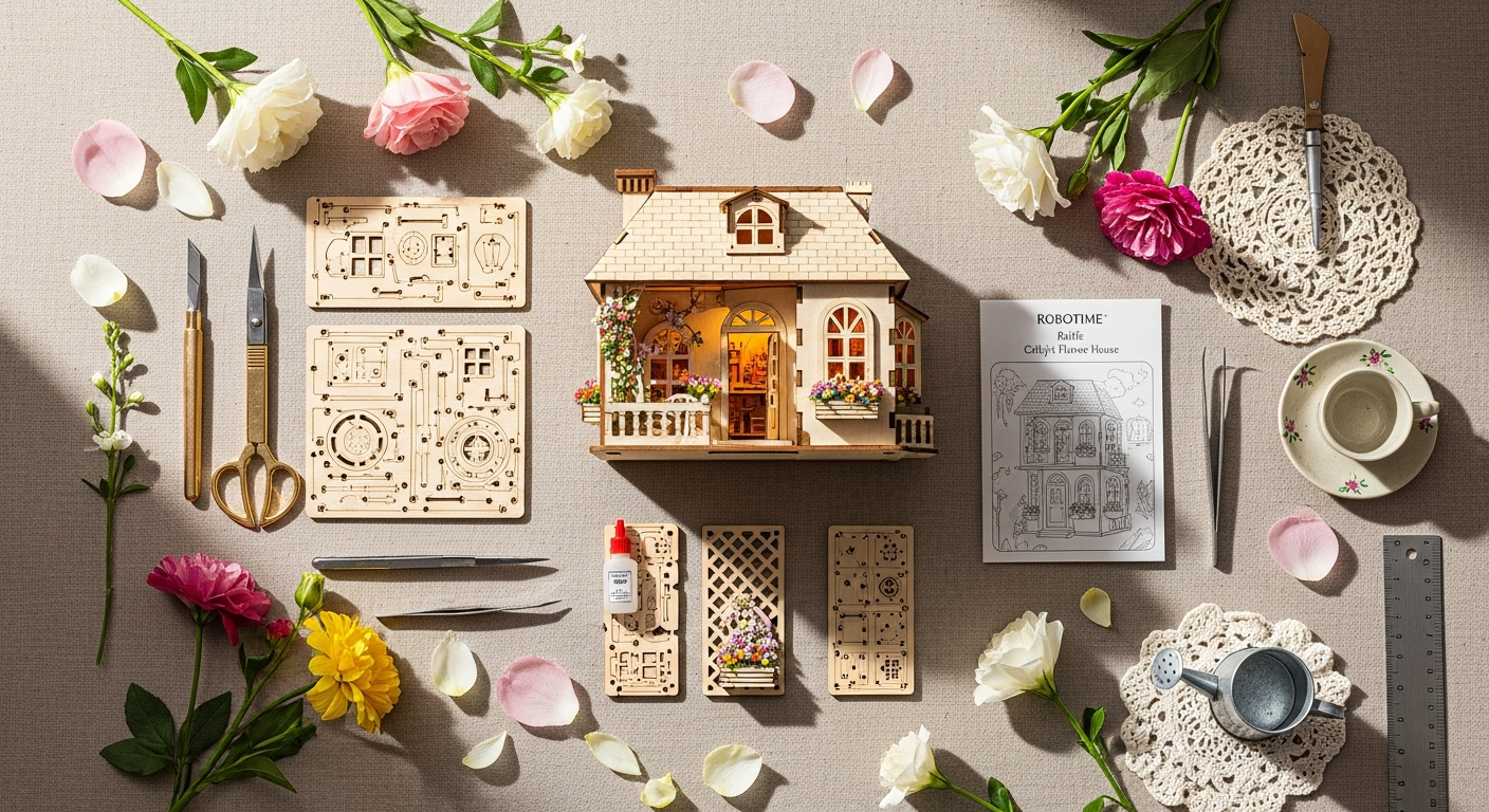 Rolife Cathy's Flower House DIY miniature kit with LED lighting and 20+ botanical flowers displayed on wooden shelf