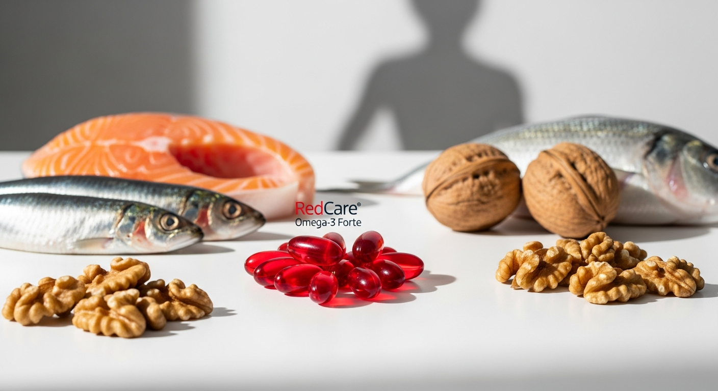 Redcare Omega-3 Forte capsules with fresh fish and supplement bottle on white background
