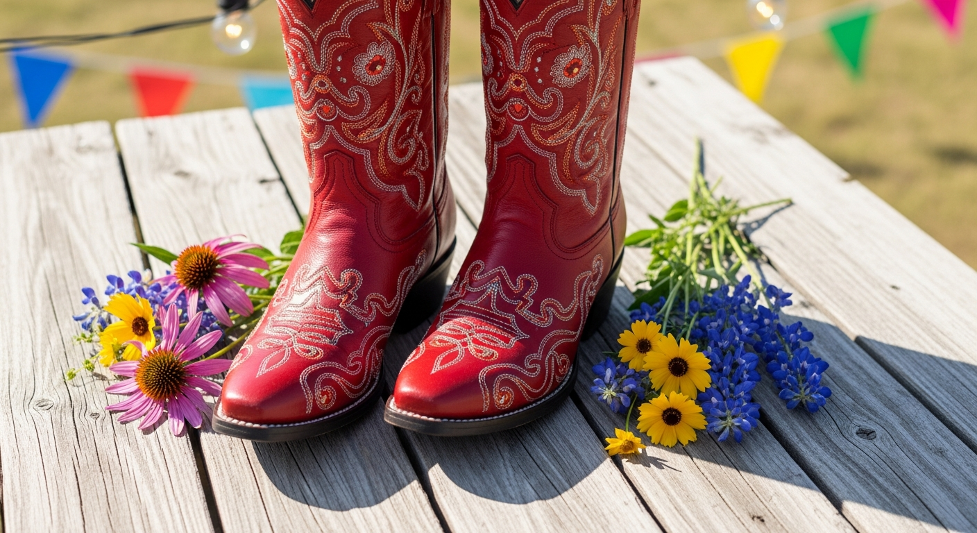 Redtop Rosemary embroidered cowgirl boots with red and cream colorway featuring Western floral embroidery design