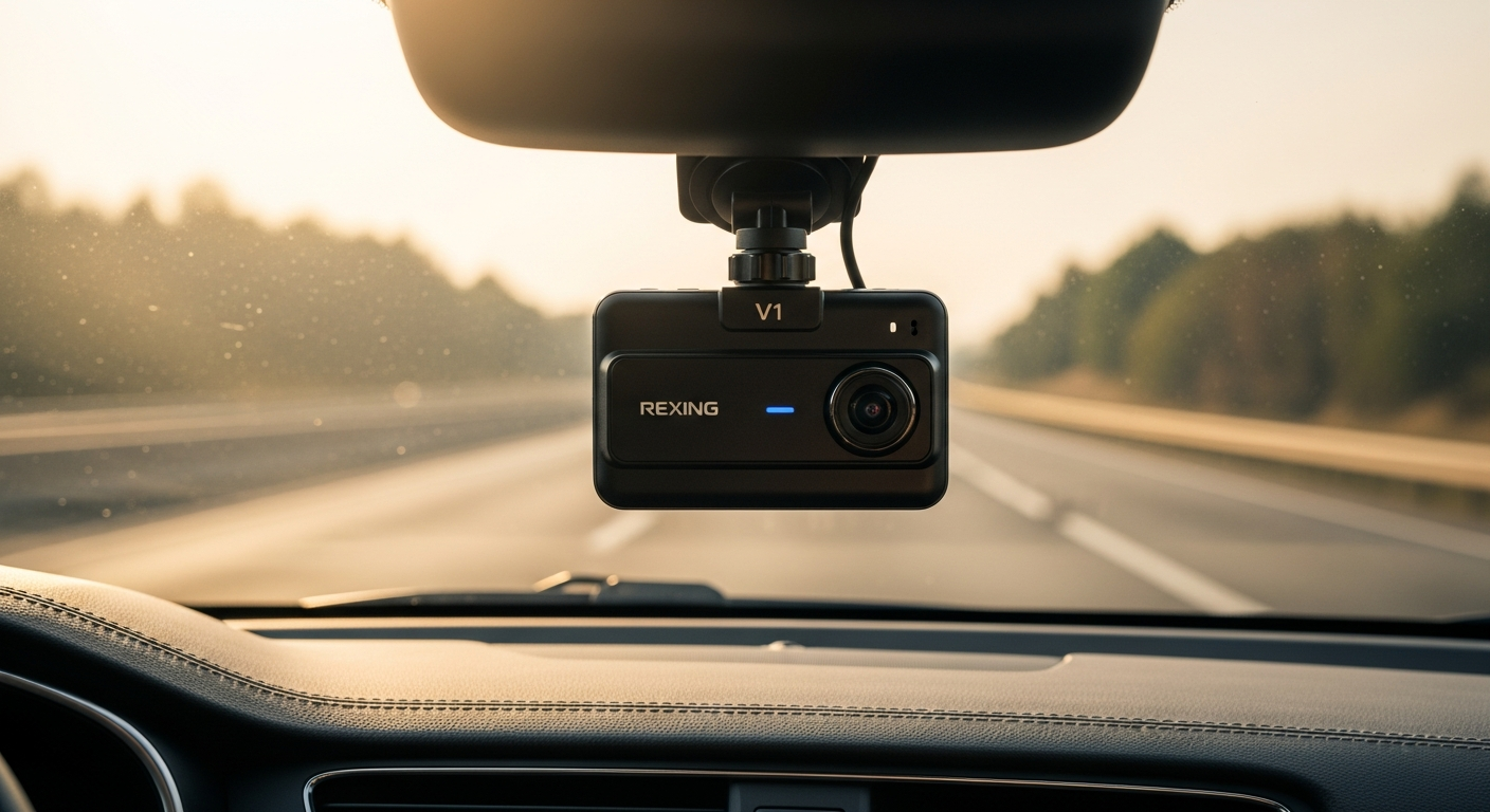 Rexing V1 dash cam mounted on vehicle windshield displaying 1080p recording capability
