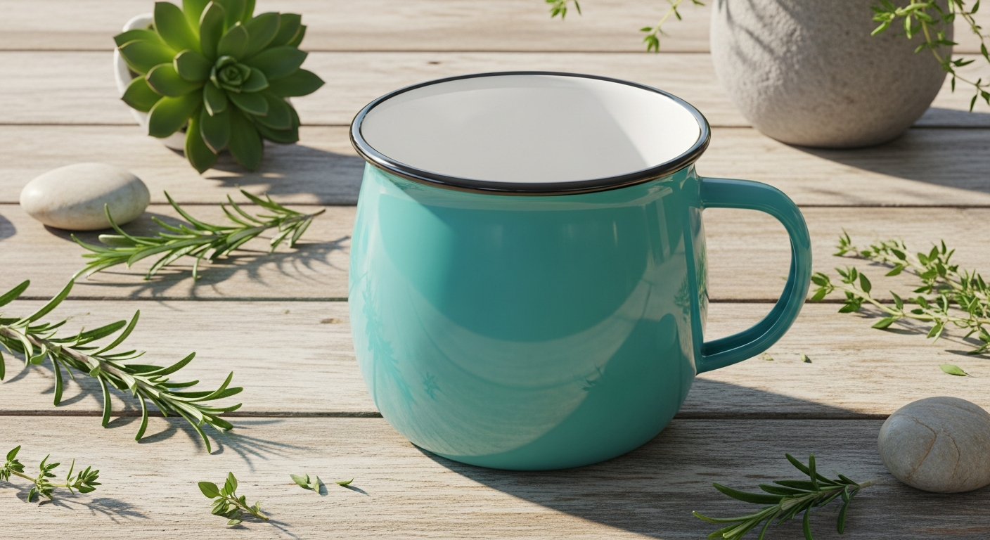 Colorful Argon Tableware enamel belly mug in vibrant hues displayed on rustic surface