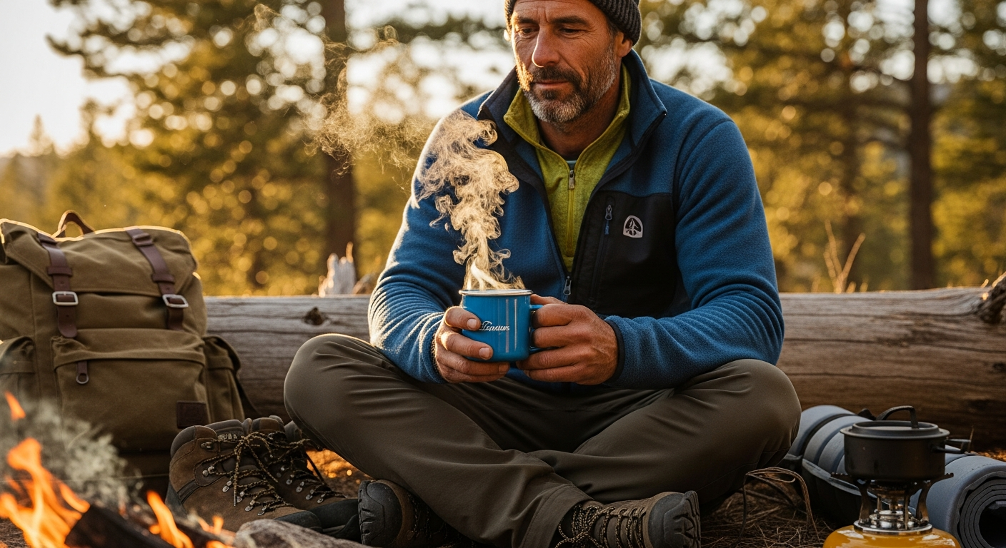 Colorful durable enamel belly mugs displayed in red, navy, green, and yellow for outdoor camping
