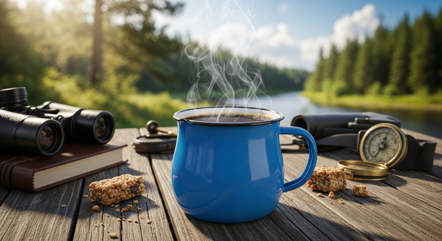 Coloured enamel belly mug 375ml in vibrant colours displayed on rustic wooden surface