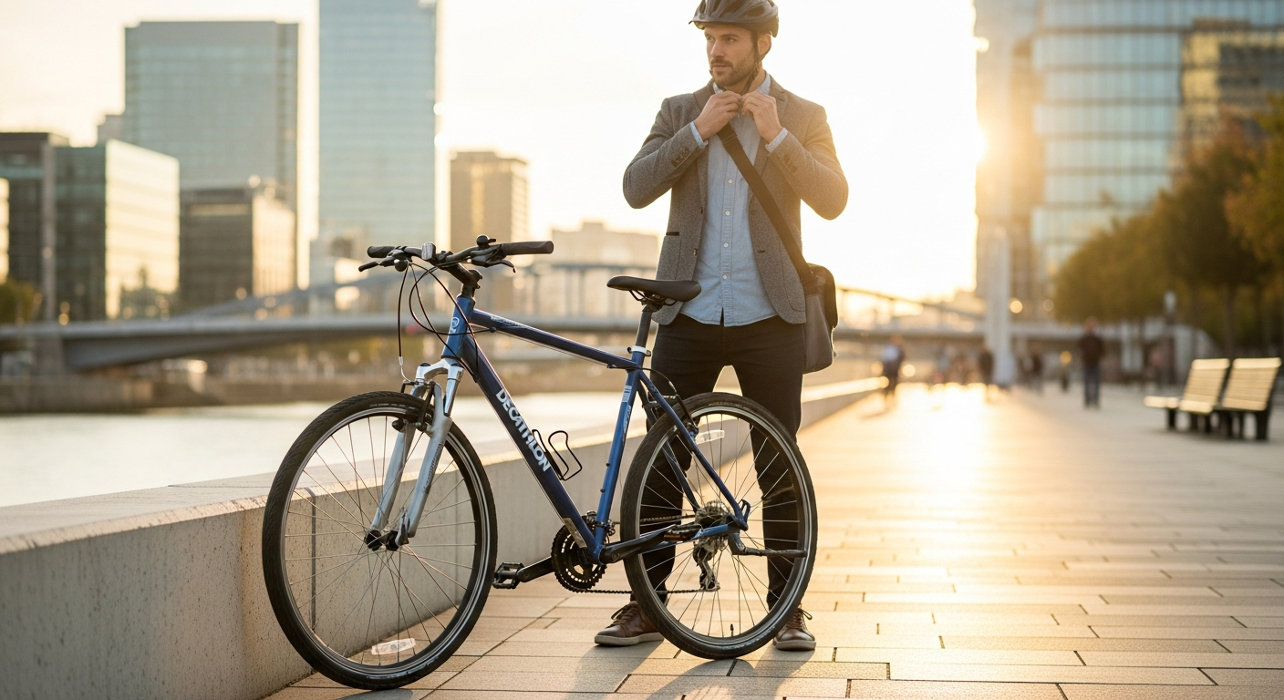 Decathlon Riverside 500 hybrid bike shown from the side angle displaying its aluminum frame suspension fork and disc brakes