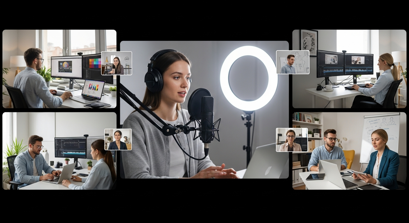 Distributed team members recording high-quality podcast and video content remotely using Riverside.fm studio platform