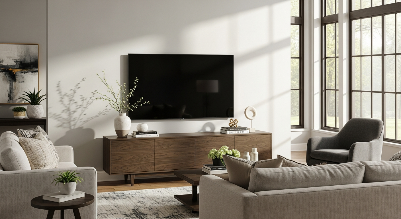 Riverside Coventry Entertainment Console in cherry finish displayed in an elegantly designed living room with coordinated décor