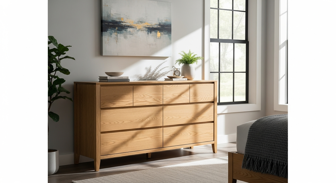 Riverside Davie 6-Drawer Dresser in Pale Oak with natural wood grain finish and black bar pulls