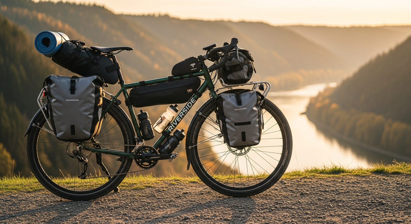 Riverside Touring 520 adventure bike loaded with expedition gear on remote mountain trail