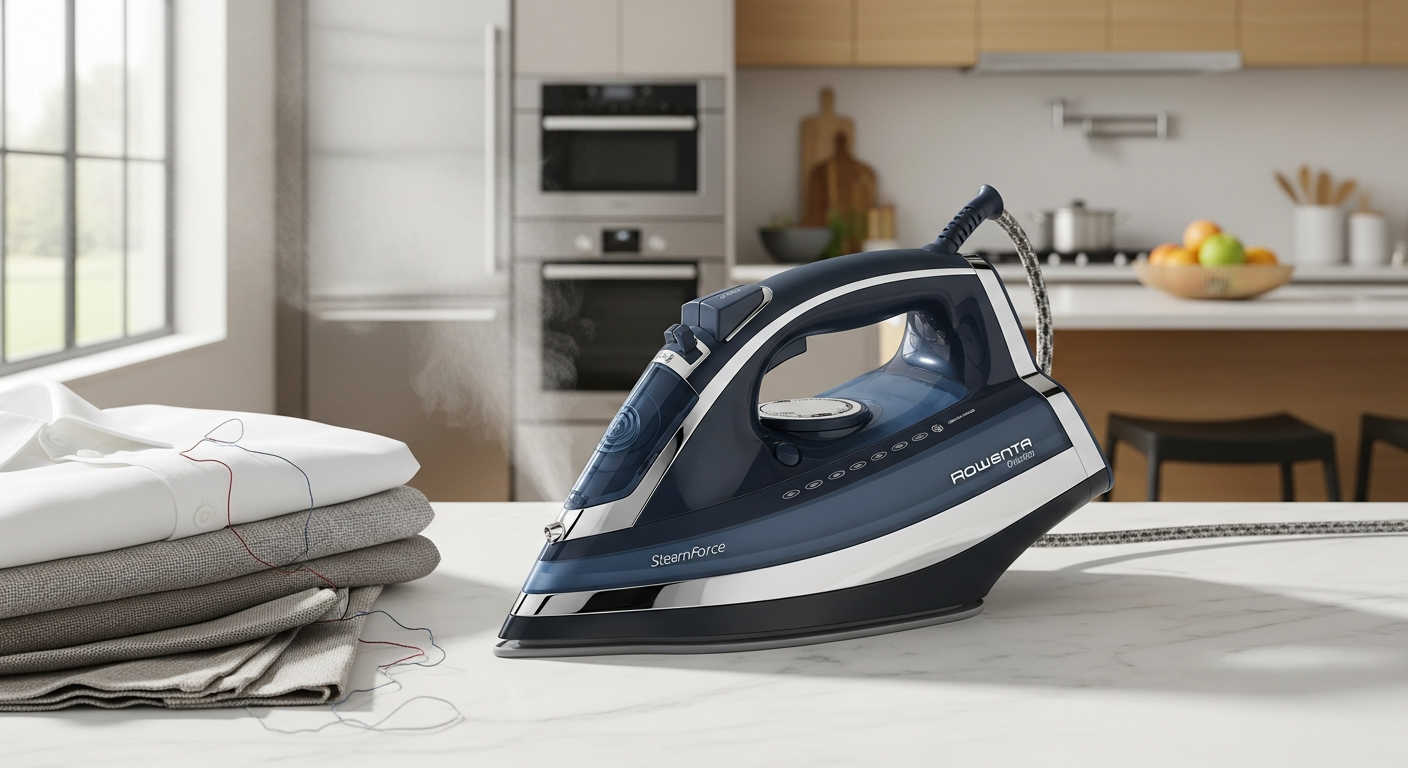 Rowenta SteamForce iron with steam burst technology on ironing board with wrinkled garment