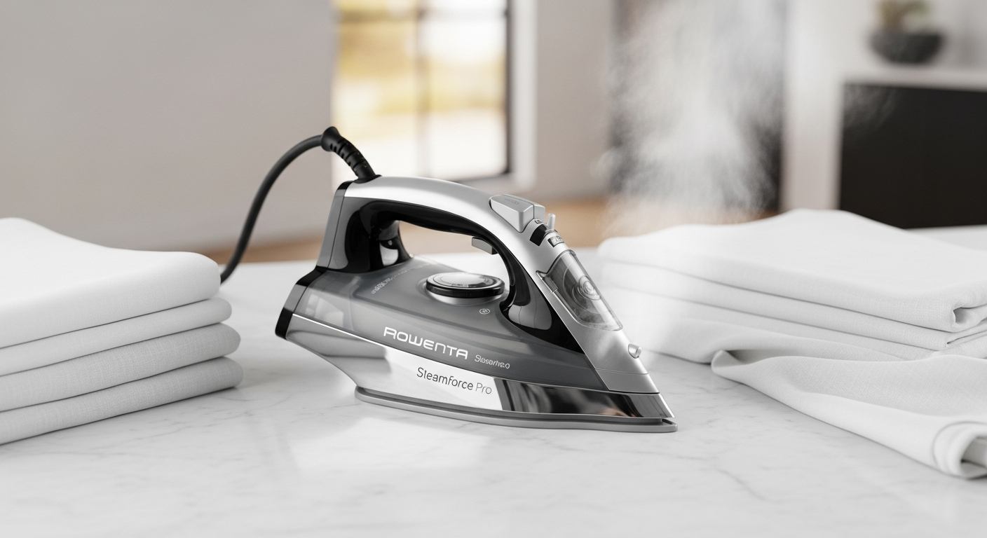 Rowenta Steamforce Pro Iron with steam burst feature on professional ironing board