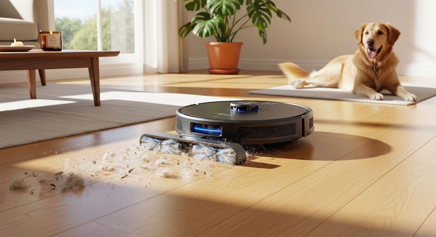 Midea V12 Robot Vacuum Mop cleaning pet hair from hardwood floor in modern home